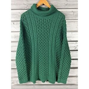 Lands' End Sweater Women XLT 18 Green Wool Blend Cable Knit Fisherman Turtleneck
